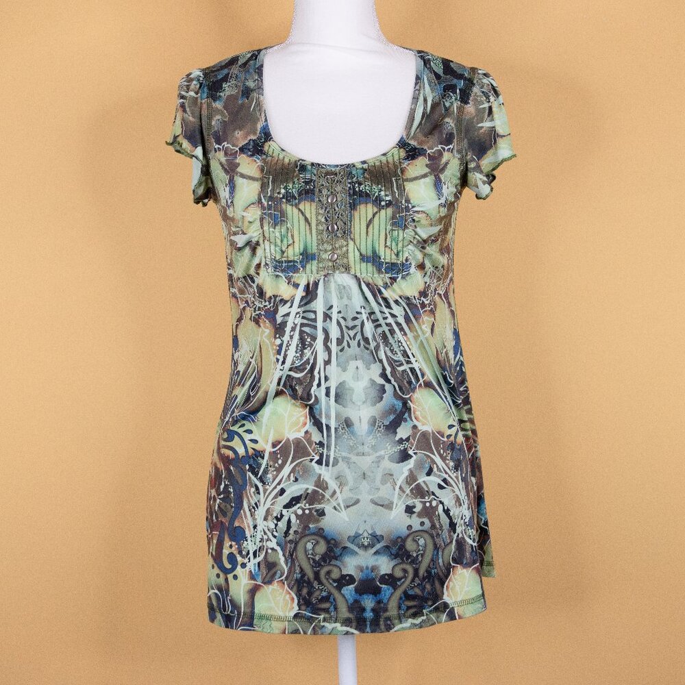 ONE WORLD floral print blouse W/ short flutter sleeves and detailed upper front